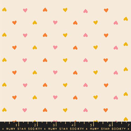 Cotton quilting fabric pattern called 'Hearts in Multi'. Part of the 'Juicy' fabric collection. Designed by Melody Miller for fabric company Ruby Star Society. SKU: RS0091 12. 44-45 inch width.