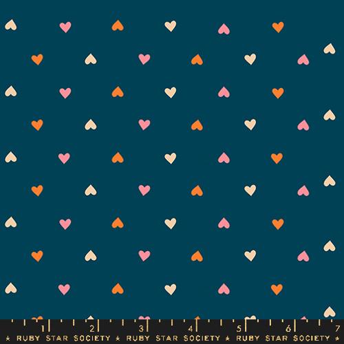 Cotton quilting fabric pattern called 'Hearts in Galaxy'. Part of the 'Juicy' fabric collection. Designed by Melody Miller for fabric company Ruby Star Society. SKU: RS0091 15. 44-45 inch width.