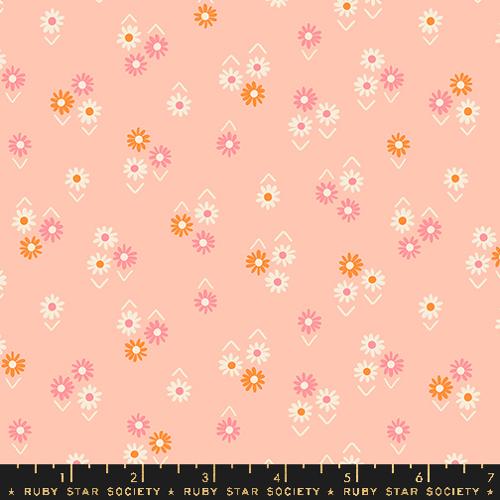 Cotton quilting fabric pattern called 'Baby Flowers in Peach'. Part of the 'Juicy' fabric collection. Designed by Melody Miller for fabric company Ruby Star Society. SKU: RS0092 12. 44-45 inch width.