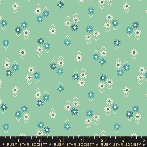 Cotton quilting fabric pattern called 'Baby Flowers in Moss'. Part of the 'Juicy' fabric collection. Designed by Melody Miller for fabric company Ruby Star Society. SKU: RS0092 15. 44-45 inch width.