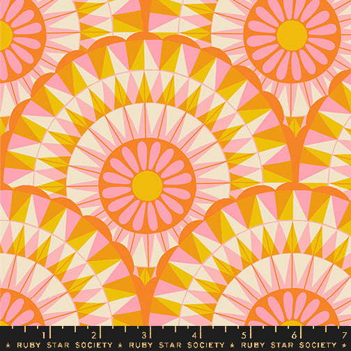 Cotton quilting fabric pattern called 'Carousels in Zinnia'. Part of the 'Carousel' fabric collection. Designed by Melody Miller for fabric company Ruby Star Society. SKU: RS0095 11. 44-45 inch width.