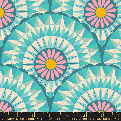 Cotton quilting fabric pattern called 'Carousels in Turquoise'. Part of the 'Carousel' fabric collection. Designed by Melody Miller for fabric company Ruby Star Society. SKU: RS0095 12. 44-45 inch width.