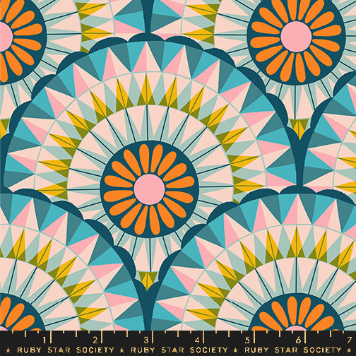 Cotton quilting fabric pattern called 'Carousels in Light Galaxy'. Part of the 'Carousel' fabric collection. Designed by Melody Miller for fabric company Ruby Star Society. SKU: RS0095 14. 44-45 inch width.