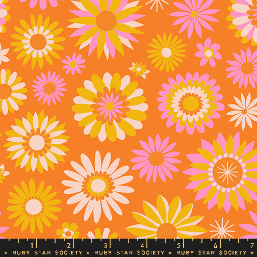 Cotton quilting fabric pattern called 'Kaleidoscope in Orange'. Part of the 'Carousel' fabric collection. Designed by Melody Miller for fabric company Ruby Star Society. SKU: RS0097 14. 44-45 inch width.