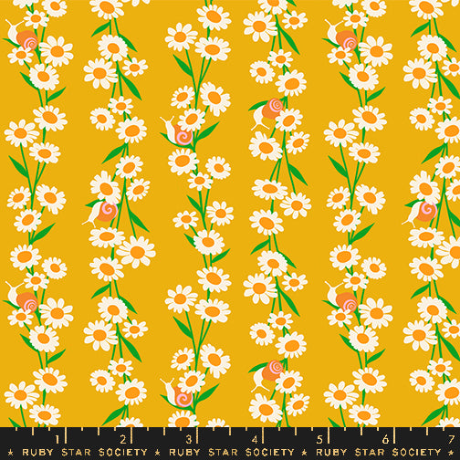 Cotton quilting fabric pattern called 'Daisy Chain in Goldenrod'. Part of the 'Carousel' fabric collection. Designed by Melody Miller for fabric company Ruby Star Society. SKU: RS0098 11. 44-45 inch width.