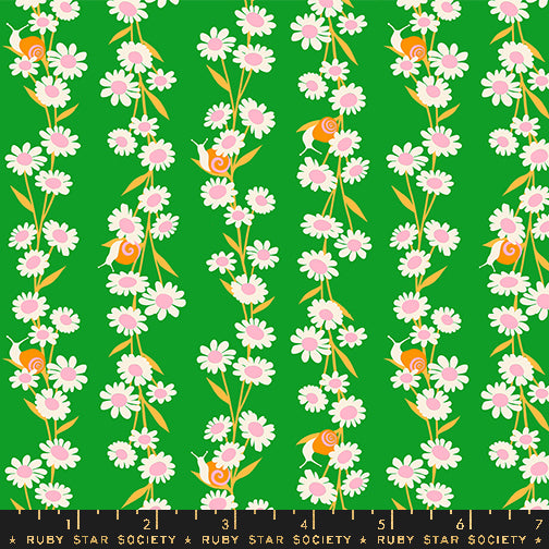 Cotton quilting fabric pattern called 'Daisy Chain in Verdant'. Part of the 'Carousel' fabric collection. Designed by Melody Miller for fabric company Ruby Star Society. SKU: RS0098 15. 44-45 inch width.