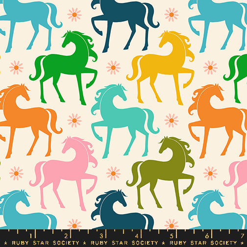 Cotton quilting fabric pattern called 'Fancy Horse in Natural'. Part of the 'Carousel' fabric collection. Designed by Melody Miller for fabric company Ruby Star Society. SKU: RS0099 11. 44-45 inch width.