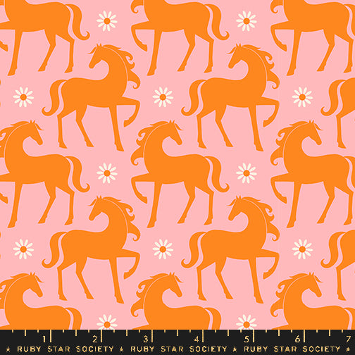 Cotton quilting fabric pattern called 'Fancy Horse in Balmy'. Part of the 'Carousel' fabric collection. Designed by Melody Miller for fabric company Ruby Star Society. SKU: RS0099 12. 44-45 inch width.