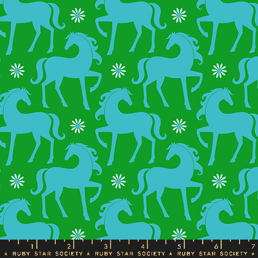 Cotton quilting fabric pattern called 'Fancy Horse in Verdant'. Part of the 'Carousel' fabric collection. Designed by Melody Miller for fabric company Ruby Star Society. SKU: RS0099 14. 44-45 inch width.