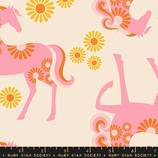 Quilting Cotton/Linen quilting fabric pattern called 'Carousel Horse Canvas in Natural'. Part of the 'Carousel' fabric collection. Designed by Melody Miller for the Ruby Star Society fabric company. SKU: RS0101 11L. 44-45 inch width.