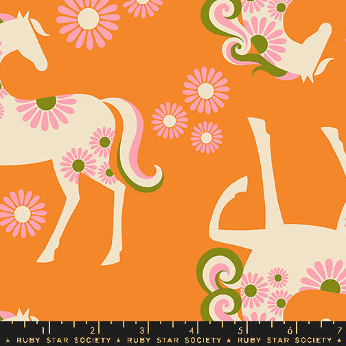 Quilting Cotton/Linen quilting fabric pattern called 'Carousel Horse Canvas in Burnt Orange'. Part of the 'Carousel' fabric collection. Designed by Melody Miller for the Ruby Star Society fabric company. SKU: RS0101 15L. 44-45 inch width.