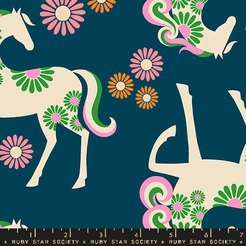 Quilting Cotton/Linen quilting fabric pattern called 'Carousel Horse Canvas in Light Galaxy'. Part of the 'Carousel' fabric collection. Designed by Melody Miller for the Ruby Star Society fabric company. SKU: RS0101 21L. 44-45 inch width.