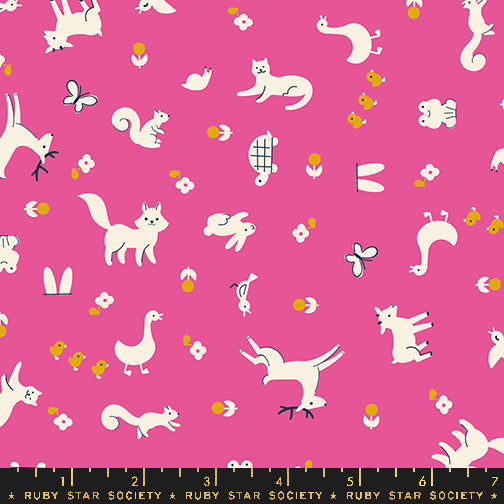 Cotton quilting fabric pattern called 'Menagerie in Raspberry'. Part of the 'Woodland Park' fabric collection. Designed by Rashida Coleman Hale for fabric company Ruby Star Society. SKU: RS1081 15. 44-45 inch width.