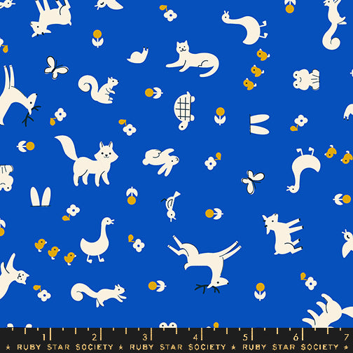 Cotton quilting fabric pattern called 'Menagerie in Blue Ribbon'. Part of the 'Woodland Park' fabric collection. Designed by Rashida Coleman Hale for fabric company Ruby Star Society. SKU: RS1081 16. 44-45 inch width.