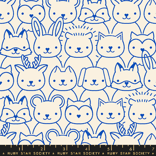 Cotton quilting fabric pattern called 'Sup in Blue Ribbon'. Part of the 'Woodland Park' fabric collection. Designed by Rashida Coleman Hale for fabric company Ruby Star Society. SKU: RS1082 14. 44-45 inch width.