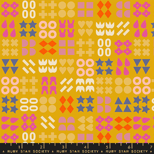 Cotton quilting fabric pattern called 'Shapely in Goldenrod'. Part of the 'Woodland Park' fabric collection. Designed by Rashida Coleman Hale for fabric company Ruby Star Society. SKU: RS1083 12. 44-45 inch width.