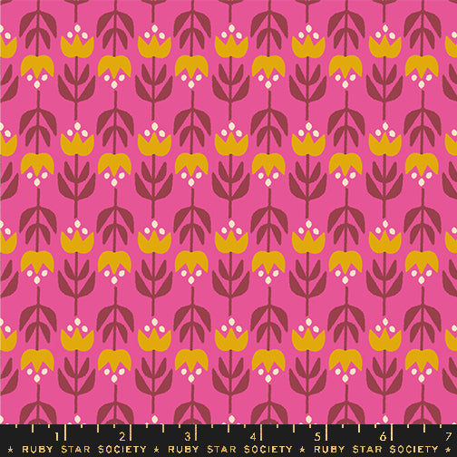 Cotton quilting fabric pattern called 'Gathering in Raspberry'. Part of the 'Woodland Park' fabric collection. Designed by Rashida Coleman Hale for fabric company Ruby Star Society. SKU: RS1084 13. 44-45 inch width.