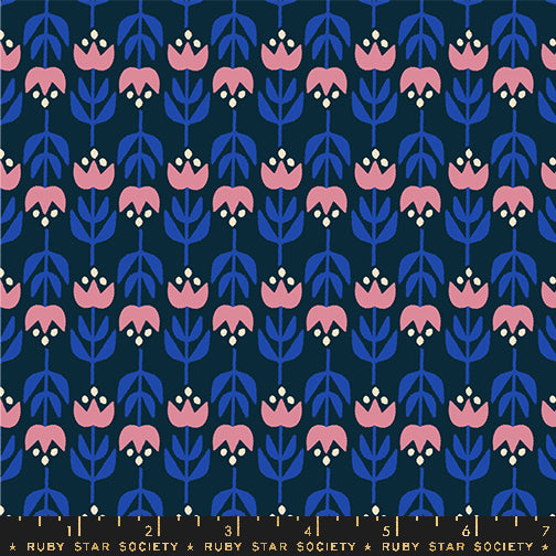 Cotton quilting fabric pattern called 'Gathering in Teal Navy'. Part of the 'Woodland Park' fabric collection. Designed by Rashida Coleman Hale for fabric company Ruby Star Society. SKU: RS1084 14. 44-45 inch width.