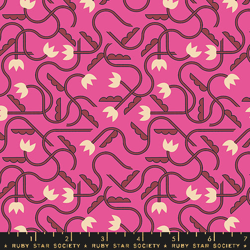 Cotton quilting fabric pattern called 'That One Flower Print in Raspberry'. Part of the 'Woodland Park' fabric collection. Designed by Rashida Coleman Hale for fabric company Ruby Star Society. SKU: RS1086 14. 44-45 inch width.