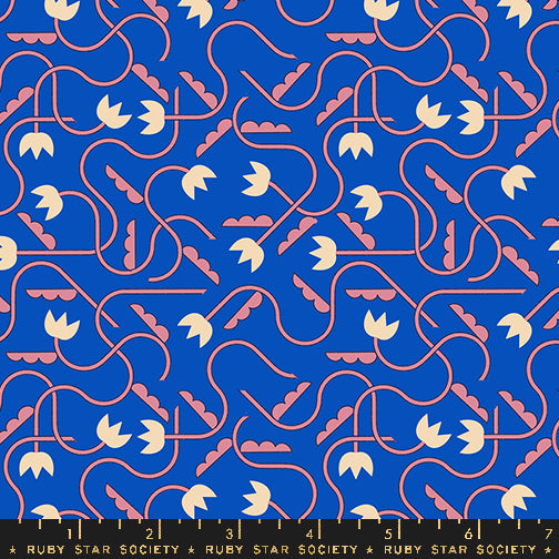 Cotton quilting fabric pattern called 'That One Flower Print in Blue Ribbon'. Part of the 'Woodland Park' fabric collection. Designed by Rashida Coleman Hale for fabric company Ruby Star Society. SKU: RS1086 15. 44-45 inch width.