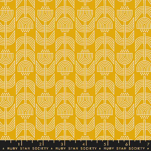 Cotton quilting fabric pattern called 'Ironworks in Goldenrod'. Part of the 'Woodland Park' fabric collection. Designed by Rashida Coleman Hale for fabric company Ruby Star Society. SKU: RS1087 12. 44-45 inch width.