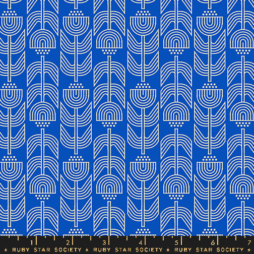 Cotton quilting fabric pattern called 'Ironworks in Blue Ribbon'. Part of the 'Woodland Park' fabric collection. Designed by Rashida Coleman Hale for fabric company Ruby Star Society. SKU: RS1087 15. 44-45 inch width.