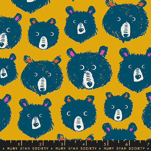 Cotton quilting fabric pattern called 'Teddy And The Bears in Goldenrod'. Part of the 'Teddy And The Bears' fabric collection. Designed by Sarah Watts for fabric company Ruby Star Society. SKU: RS2102 11. 44-45 inch width.