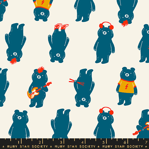 Cotton quilting fabric pattern called 'The Band in Buttercream'. Part of the 'Teddy And The Bears' fabric collection. Designed by Sarah Watts for fabric company Ruby Star Society. SKU: RS2103 11. 44-45 inch width.