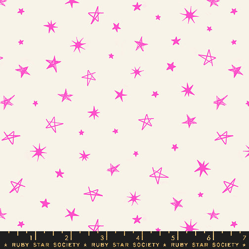 Cotton quilting fabric pattern called 'Rockstar in Glow Rose'. Part of the 'Teddy And The Bears' fabric collection. Designed by Sarah Watts for fabric company Ruby Star Society. SKU: RS2106 14. 44-45 inch width.