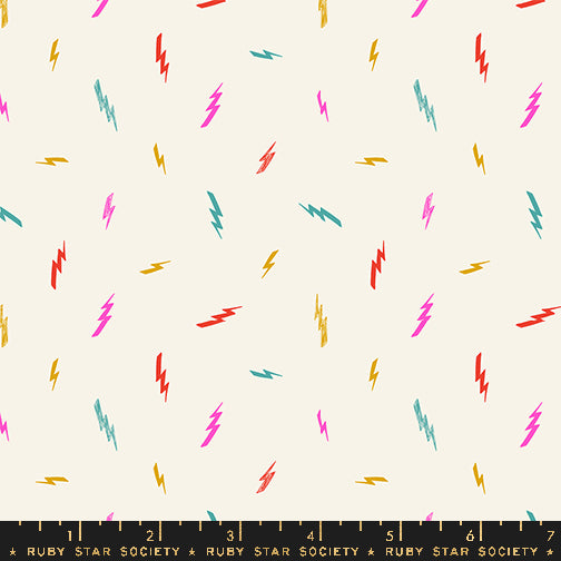 Cotton quilting fabric pattern called 'Electric in Multi'. Part of the 'Teddy And The Bears' fabric collection. Designed by Sarah Watts for fabric company Ruby Star Society. SKU: RS2107 12. 44-45 inch width.