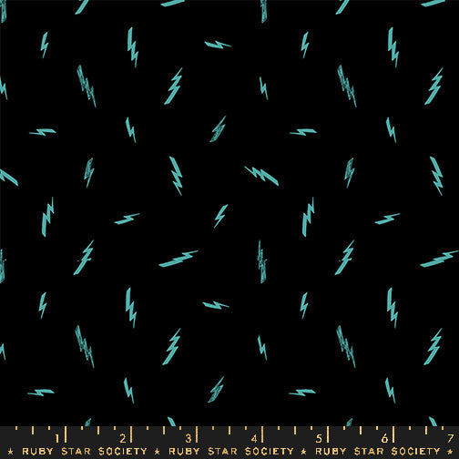 Cotton quilting fabric pattern called 'Electric in Black'. Part of the 'Teddy And The Bears' fabric collection. Designed by Sarah Watts for fabric company Ruby Star Society. SKU: RS2107 17. 44-45 inch width.