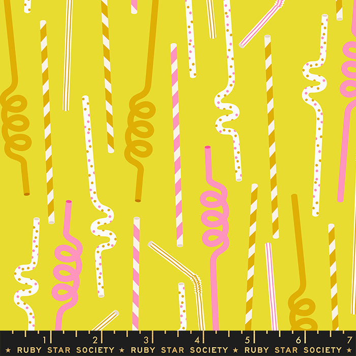 Cotton quilting fabric pattern called 'Straws in Citron'. Part of the 'Sugar Cone' fabric collection. Designed by Ruby Star Society for fabric company Moda Fabrics. SKU: RS3064 14. 44-45 inch width.