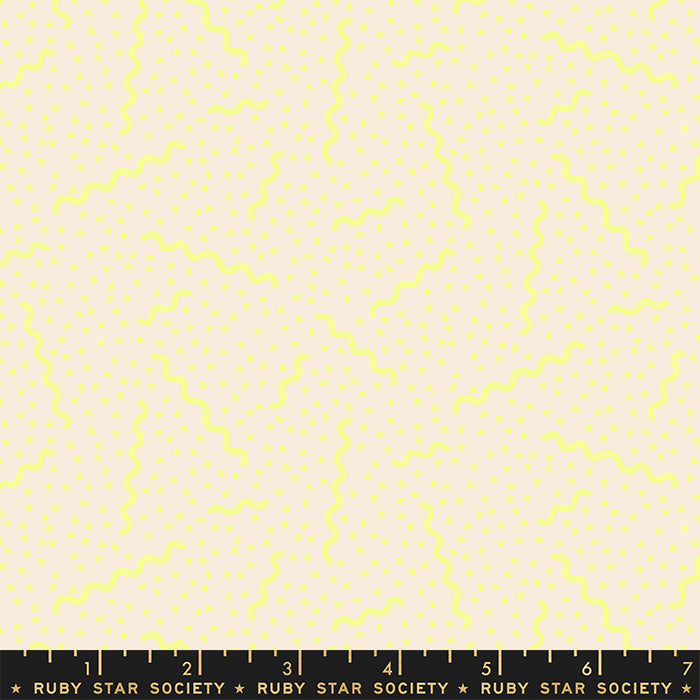 Cotton quilting fabric pattern called 'Ripple in Neon Yellow'. Part of the 'Sugar Cone' fabric collection. Designed by Ruby Star Society for fabric company Moda Fabrics. SKU: RS3067 12. 44-45 inch width.