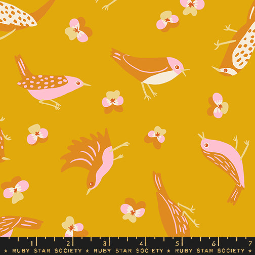 Cotton quilting fabric pattern called 'Migration in Goldenrod'. Part of the 'Bird is the Word' fabric collection. Designed by Kimberly Kight for fabric company Ruby Star Society. SKU: RS3076 14. 44-45 inch width.