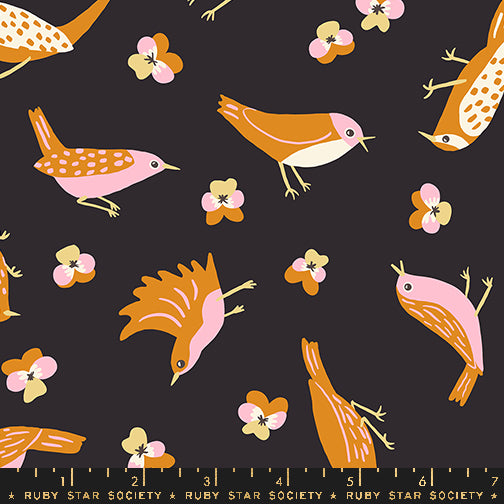 Cotton quilting fabric pattern called 'Migration in Soft Black'. Part of the 'Bird is the Word' fabric collection. Designed by Kimberly Kight for fabric company Ruby Star Society. SKU: RS3076 17. 44-45 inch width.