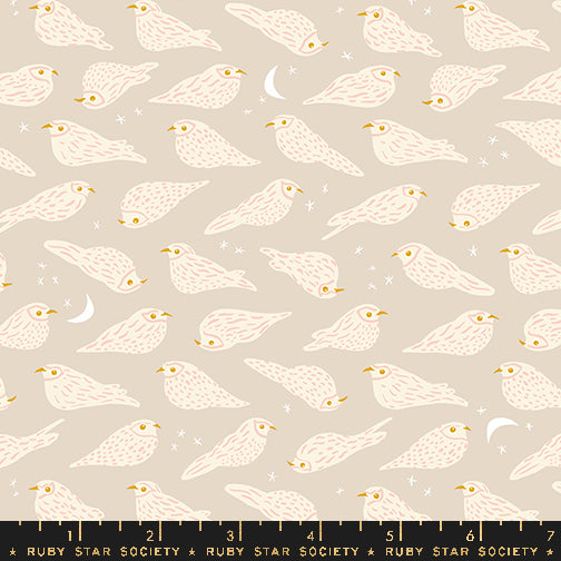 Cotton quilting fabric pattern called 'Whippoorwill in Sandbox'. Part of the 'Bird is the Word' fabric collection. Designed by Kimberly Kight for fabric company Ruby Star Society. SKU: RS3078 11. 44-45 inch width.