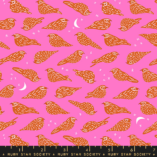 Cotton quilting fabric pattern called 'Whippoorwill in Lipstick'. Part of the 'Bird is the Word' fabric collection. Designed by Kimberly Kight for fabric company Ruby Star Society. SKU: RS3078 13. 44-45 inch width.