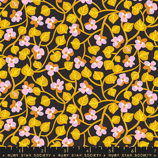 Cotton quilting fabric pattern called 'Pansy in Soft Black'. Part of the 'Bird is the Word' fabric collection. Designed by Kimberly Kight for fabric company Ruby Star Society. SKU: RS3079 16. 44-45 inch width.