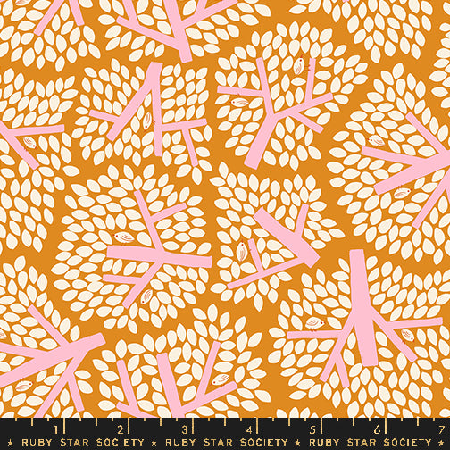 Cotton quilting fabric pattern called 'Canopy in Turmeric'. Part of the 'Bird is the Word' fabric collection. Designed by Kimberly Kight for fabric company Ruby Star Society. SKU: RS3080 14. 44-45 inch width.