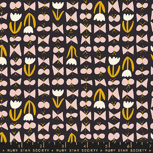 Cotton quilting fabric pattern called 'Butterflies in Soft Black'. Part of the 'Bird is the Word' fabric collection. Designed by Kimberly Kight for fabric company Ruby Star Society. SKU: RS3081 16. 44-45 inch width.