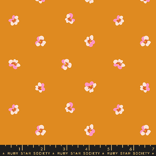 Cotton quilting fabric pattern called 'Violet in Turmeric'. Part of the 'Bird is the Word' fabric collection. Designed by Kimberly Kight for fabric company Ruby Star Society. SKU: RS3083 15. 44-45 inch width.