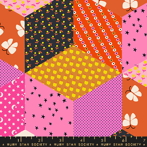 Cotton quilting fabric pattern called 'Tumbling Blocks in Lucky Pink'. Part of the 'Ooh Lucky Lucky' fabric collection. Designed by Alexia Abegg for fabric company Ruby Star Society. SKU: RS4112 11. 44-45 inch width.