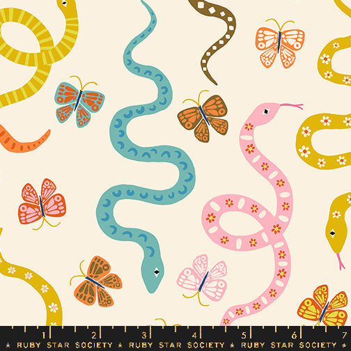 Cotton quilting fabric pattern called 'Garden Snake in Natural'. Part of the 'Ooh Lucky Lucky' fabric collection. Designed by Alexia Abegg for fabric company Ruby Star Society. SKU: RS4114 11. 44-45 inch width.