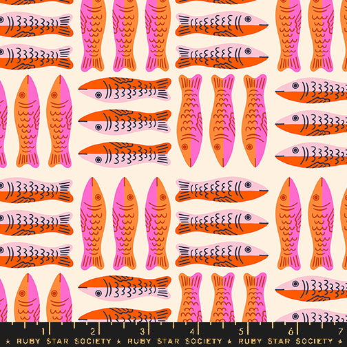 Cotton quilting fabric pattern called 'Sardines in Pink'. Part of the 'Ooh Lucky Lucky' fabric collection. Designed by Alexia Abegg for fabric company Ruby Star Society. SKU: RS4116 12. 44-45 inch width.