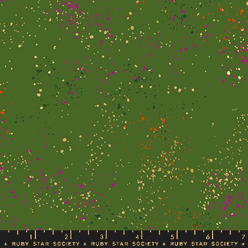 Cotton quilting fabric pattern called 'Sarah Green'. Part of the 'Speckled Metallic' fabric collection. Designed by Rashida Coleman Hale for fabric company Ruby Star Society. SKU: RS5027 115M. 44-45 inch width.