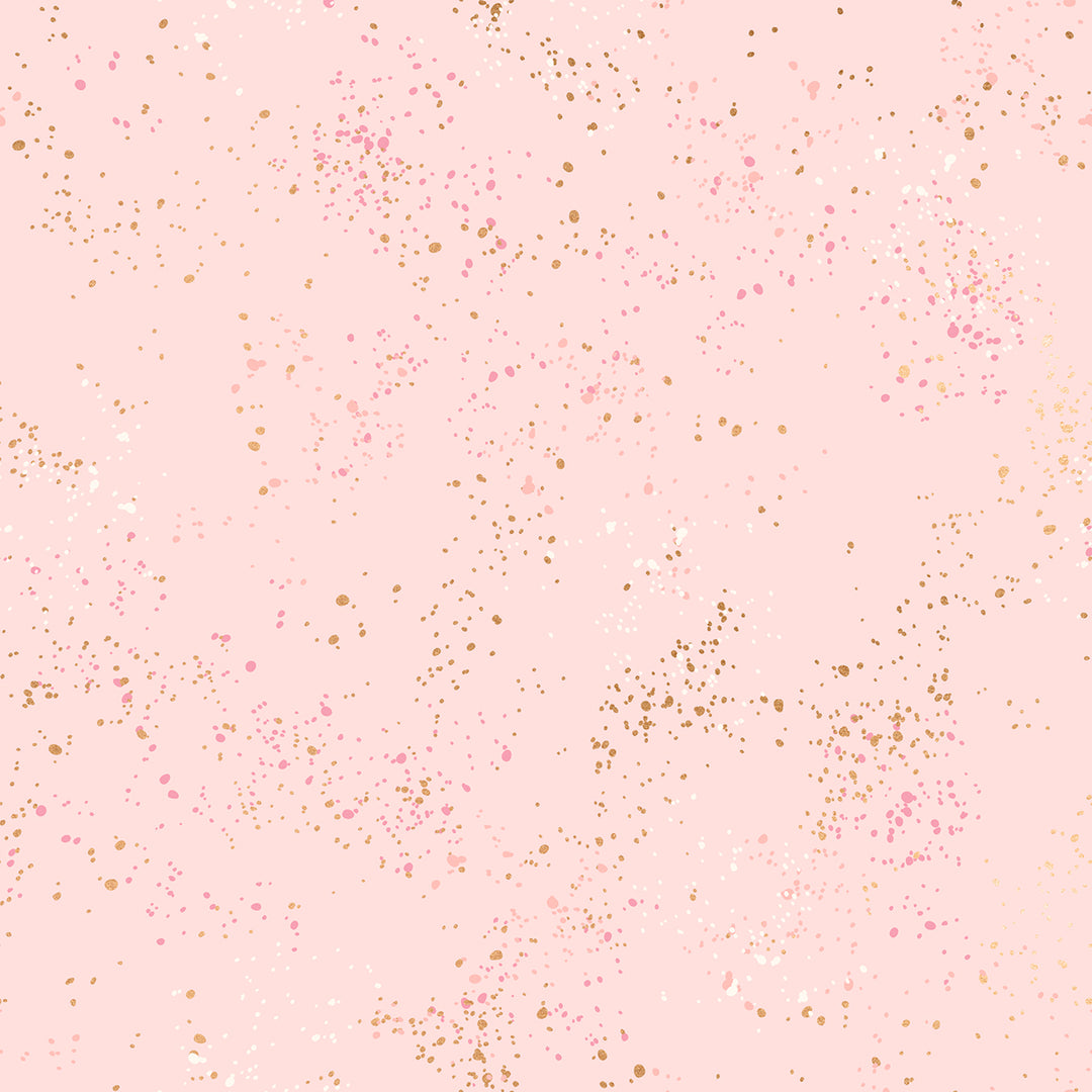 Cotton quilting fabric pattern called 'Pale Pink'. Part of the 'Speckled Metallic' fabric collection. Designed by Ruby Star Society for fabric company Moda Fabrics. SKU: RS5027 91M. 44-45 inch width.