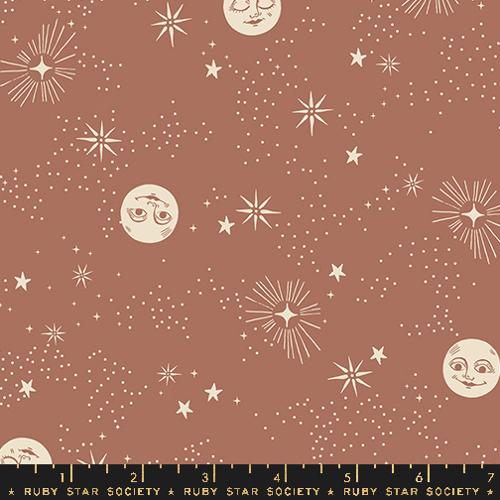 Cotton quilting fabric pattern called 'Wise Moons in Stores'. Part of the 'Good Spirits' fabric collection. Designed by Ruby Star Society for fabric company Moda. SKU: RS5136 11. 44-45 inch width.