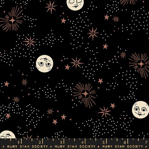 Cotton quilting fabric pattern called 'Wise Moons in Black'. Part of the 'Good Spirits' fabric collection. Designed by Ruby Star Society for fabric company Moda. SKU: RS5136 15. 44-45 inch width.