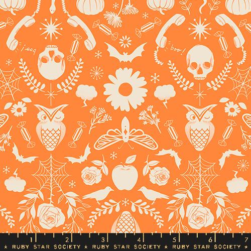 Cotton quilting fabric pattern called 'Creepy Damask in Pumpkin'. Part of the 'Good Spirits' fabric collection. Designed by Ruby Star Society for fabric company Moda. SKU:  RS5138 14. 44-45 inch width.