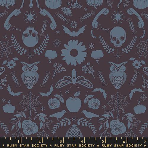 Cotton quilting fabric pattern called 'Creepy Damask in Caviar'. Part of the 'Good Spirits' fabric collection. Designed by Ruby Star Society for fabric company Moda. SKU:  RS5138 15. 44-45 inch width.